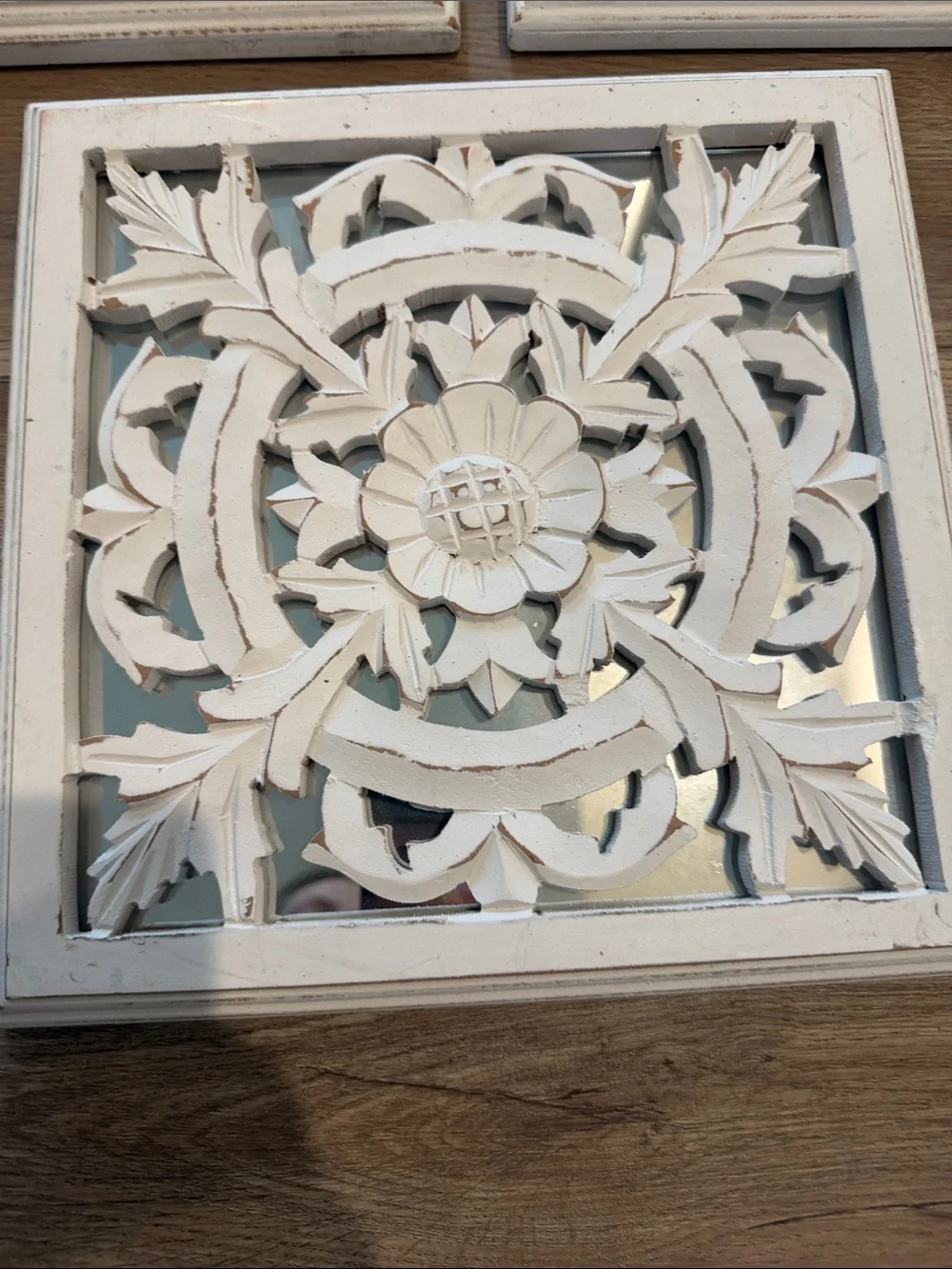 Decorative Carved Floral Rustic Boho Wall Plaques - White. Set of 3. Mirrored.